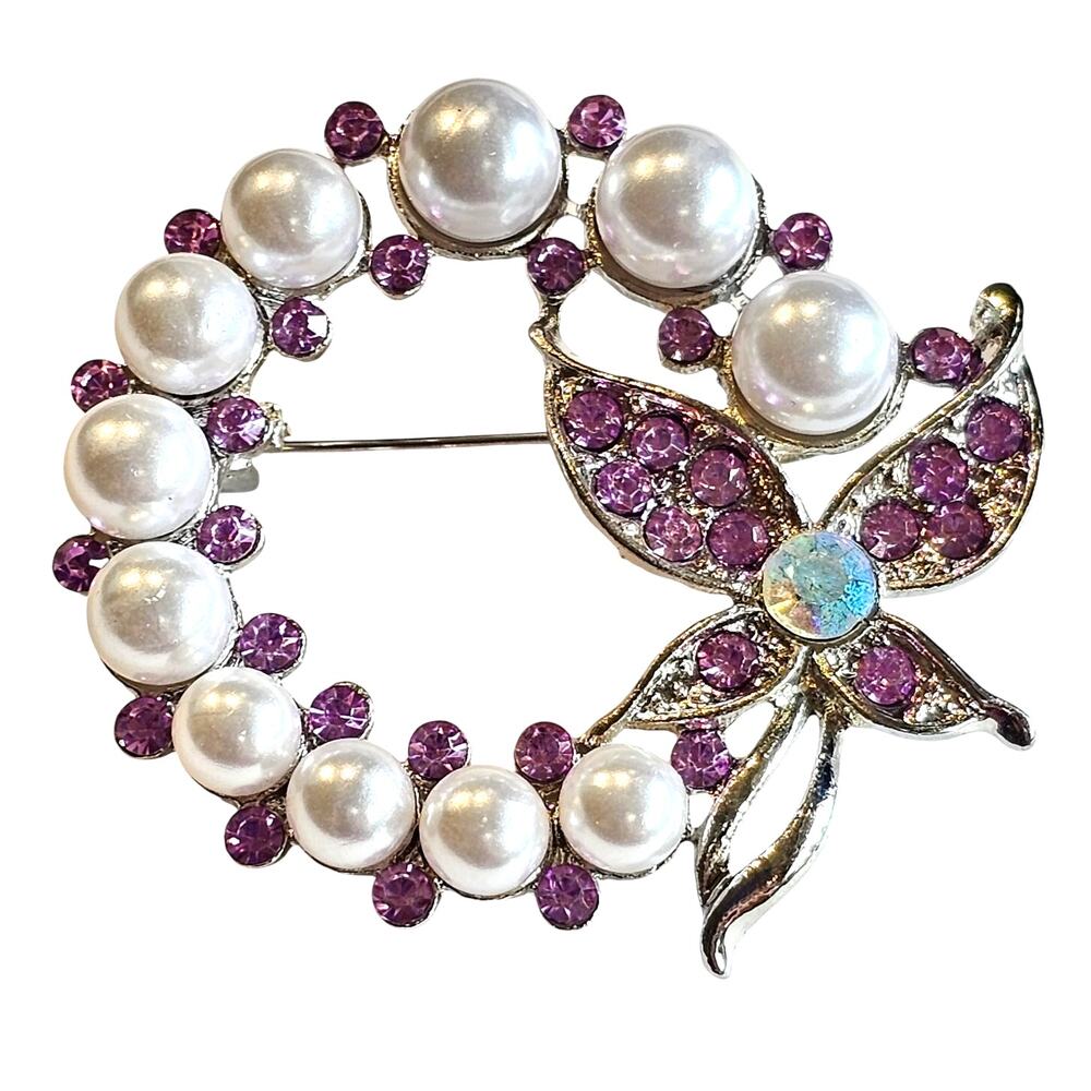Purple Brooch Pin Faux Pearl Rhinestone Butterfly Silver Tone Wreath Gift Box